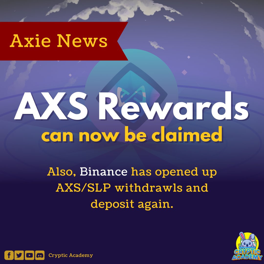 CrypticAcademy's tweet photo. 🔥 AXS Rewards Now Claimable
✅ To claim your rewards, players will need to claim the AXS in-game, then on the web by signing a Ronin transaction. Rewards are claimable until the start of Season 21.
Congratulations, everyone! 🥳🎉
#AxieInfinity
#CrypticAcademy https://t.co/bQajJDKd2q