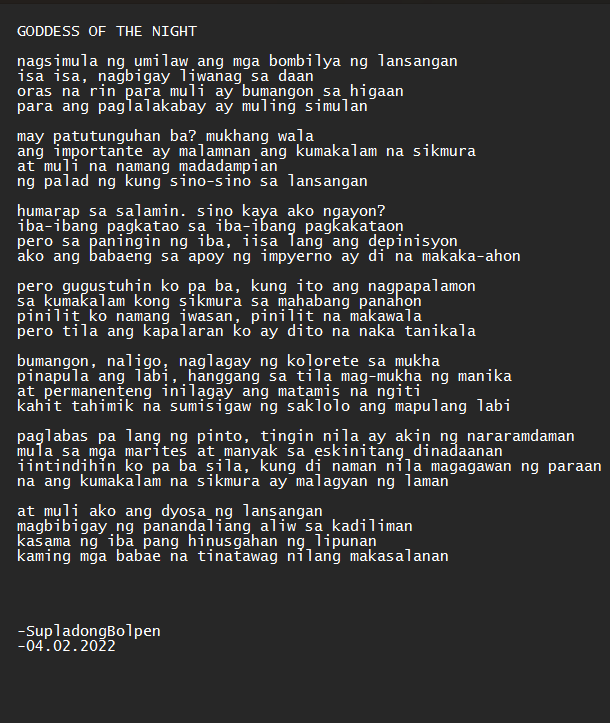 GODDESS OF THE NIGHT
prompt from @Helquiin28 

#SupladongBolpen #RPS 
<a href="/humeyesu/">HuMe</a> <a href="/RPS_042716/">Raconteur Poet Soc.</a>
