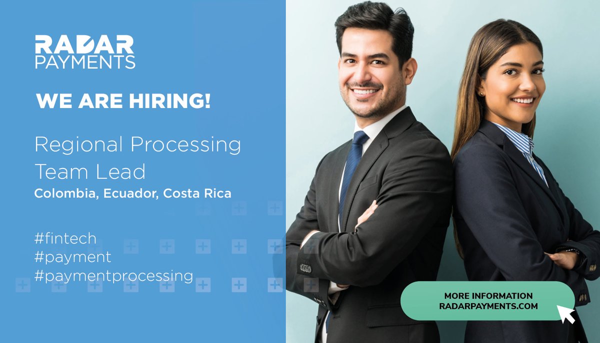 RadarPayments's tweet photo. We are looking for a proactive and business-minded leader for the position of Regional Processing team lead for our Processing Center in for countries Colombia, Ecuador, Costa Rica. 
Apply for the job here:https://t.co/Bu41Wn9wn7 https://t.co/wlbww2gqLK