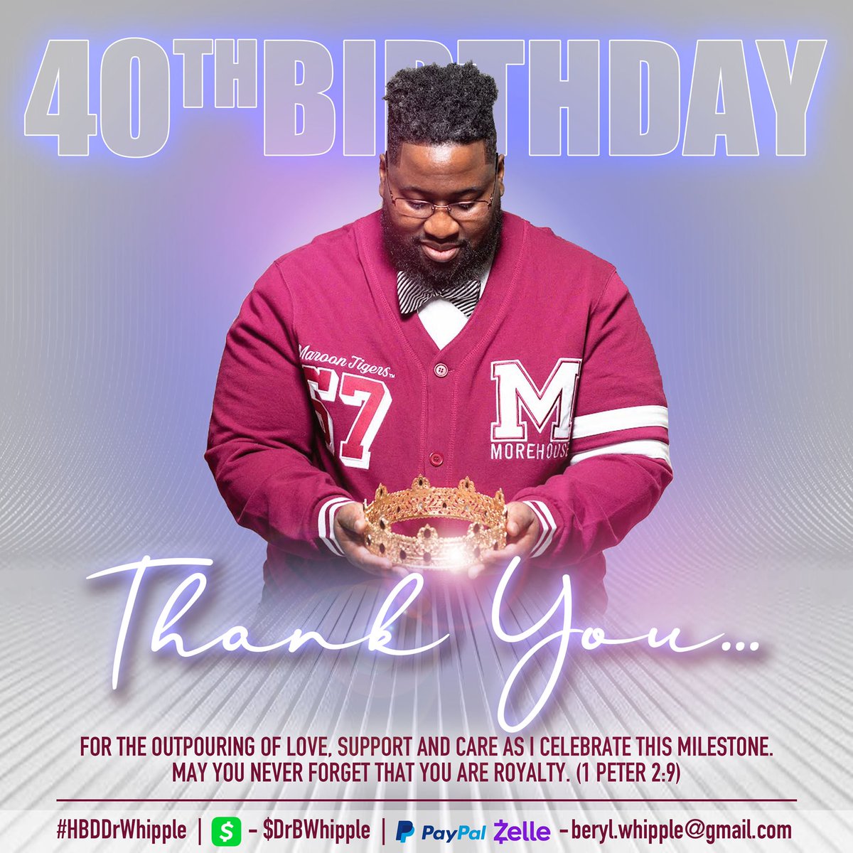 DrBWhipple's tweet photo. Thank you for all the overwhelming birthday love. Trusting God heavily for the next 12 months. 
Please, never forget that you are royalty (1 Peter 2:9)
Designed by: @prodigaldesigns 
Photographer: @kfinchphotography 
#HBDDrWhipple
#Chapter40
#JustAKidFromBaltimore https://t.co/XxDgToJj6S