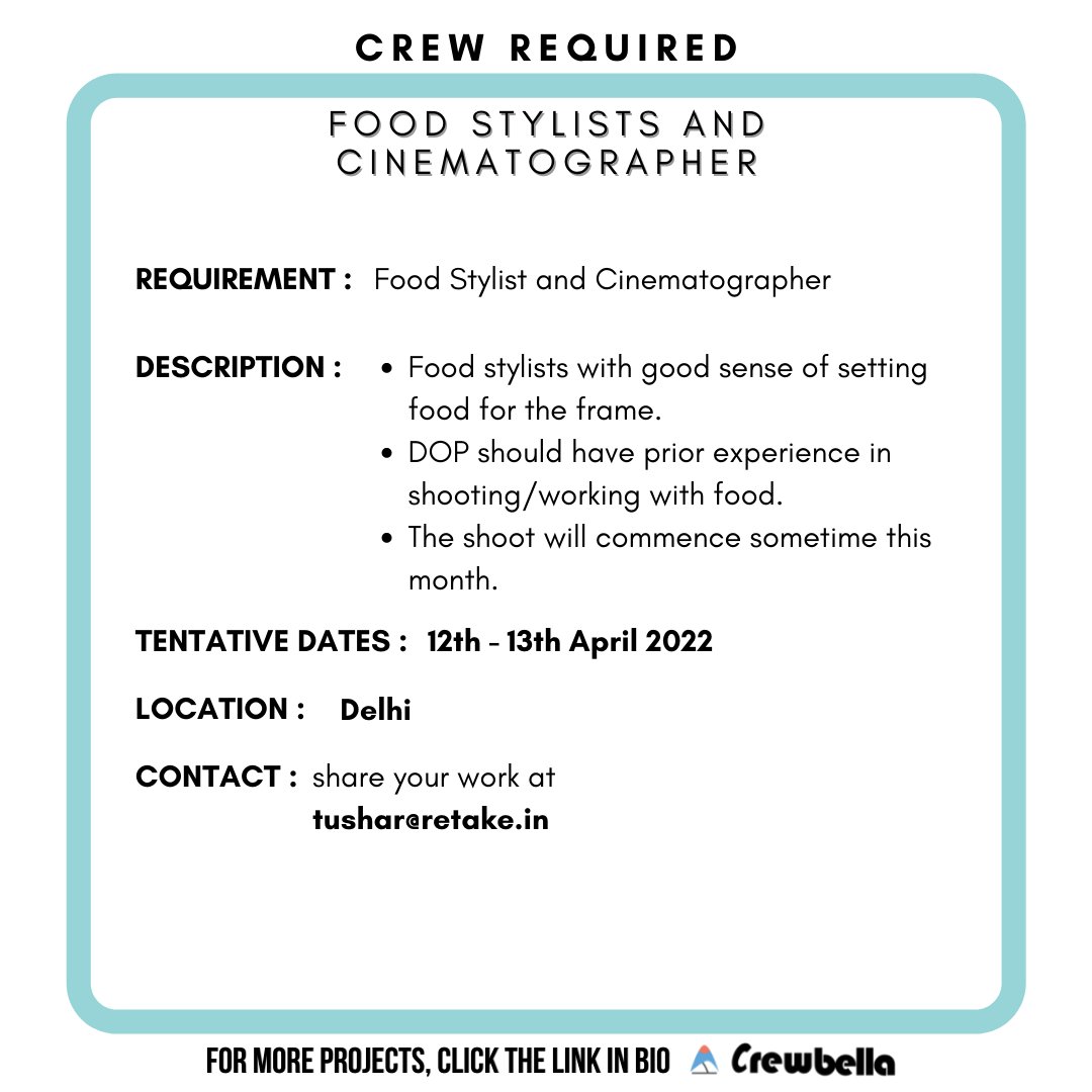 CrewBella1's tweet photo. Industry Opportunity - FOOD STYLISTS &amp; CINEMATOGRAPHER

Hire your favourite crew through our platform with secured digital contracts which ensures monetary security.

For more projects, visit our platform.
https://t.co/Y4lv7nzGZL

#foodstyling #cinematography #Delhi https://t.co/kC8Ns3LaQo