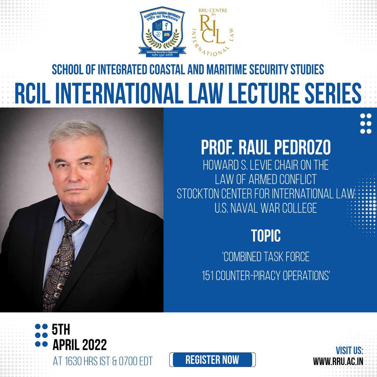 rru_cil's tweet photo. #RCIL is organizing its int'l law lecture with Prof. Raul "Pete" Pedrozo form Stockton Center for Int'l Law, @NavalWarCollege on 'Combined Task Force 151 Counter-Piracy Operations' on 5th April'22 at 1630 hrs (IST).
To attend, register here 👇: https://t.co/CBLX5NXomb…
#ILC_2022 https://t.co/Ty0FlHrrHZ
