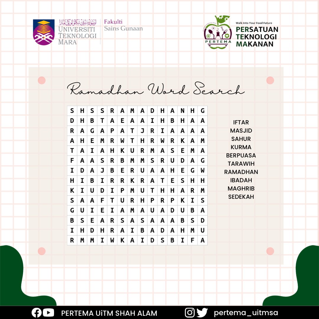 pertema_uitmsa's tweet photo. #RamadanMubarak
Assalamualaikum WBT
Salam Sejahtera
Salam UiTM diHatiku❤️
Salam PERTEMA Unggul💎

[SELAMAT MENYAMBUT BULAN RAMADHAN AL MUBARAK]

Kami daripada Persatuan Teknologi Makanan (PERTEMA) ingin mengucapkan selamat menjalani ibadah puasa kepada semua warga UiTM Shah Alam. https://t.co/673ft4OytL