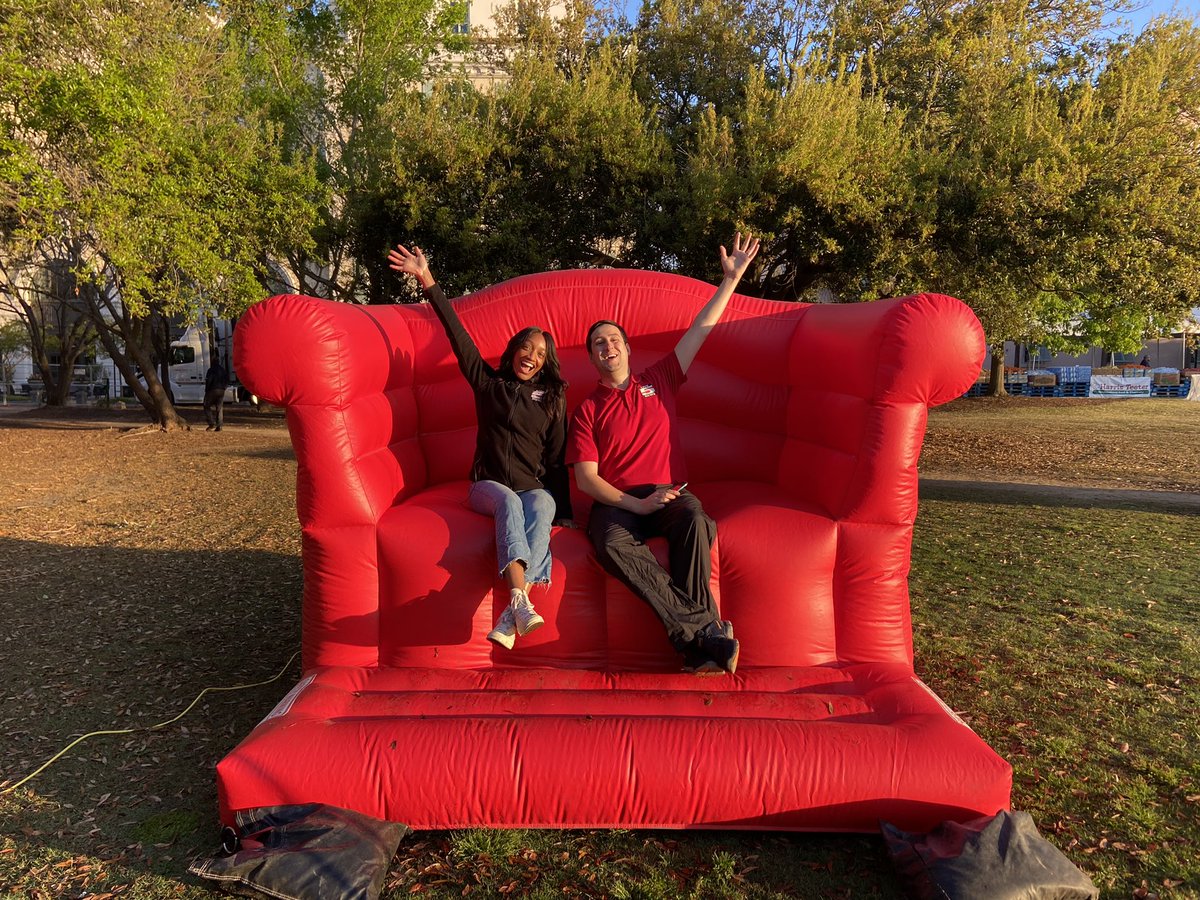NickReaganLive5's tweet photo. Lauren and I found the big red chair. After the race, folks can come by and get their picture taken. #cooperriverbridgerun #live5bridgerun #chsnews @Live5News https://t.co/w8XqOPlOHk