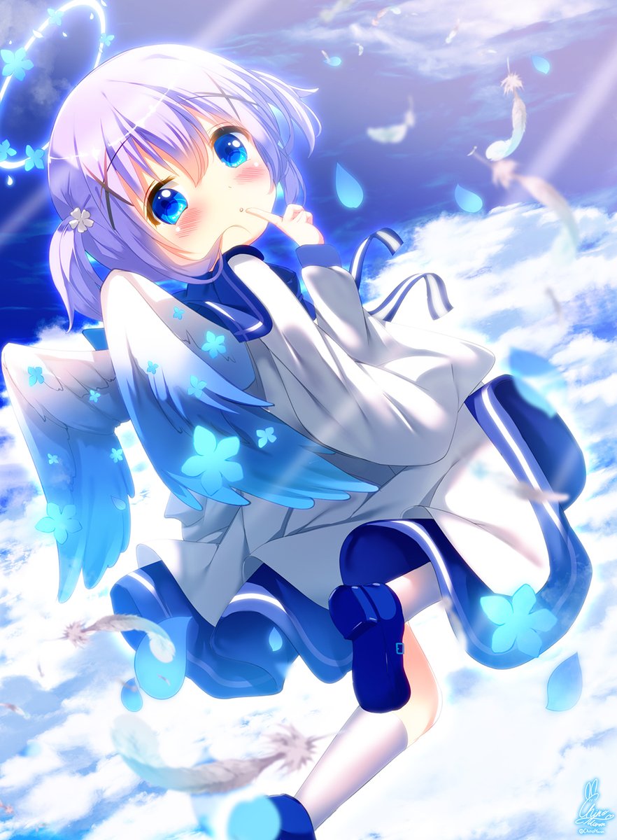 kafuu chino 1girl solo wings feathered wings shoe soles blue eyes blue footwear  illustration images