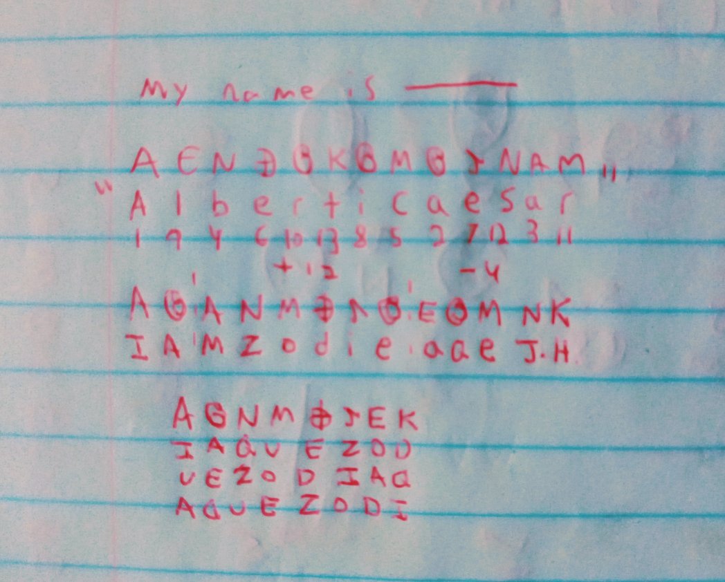 EcclesiaRocks's tweet image. A possible #ZodiacKiller #Z13 solution

My name is "Caesar Alberti"

I am Zodie-aqe J.H.

#KeyName #Transposition + #Caesar &amp;amp; #Alberti #Disk #Combination #Cipher - #French 🗝️ word - Possible initials

#Codes #California #SanFrancisco #BreakingNews #Unique #USA