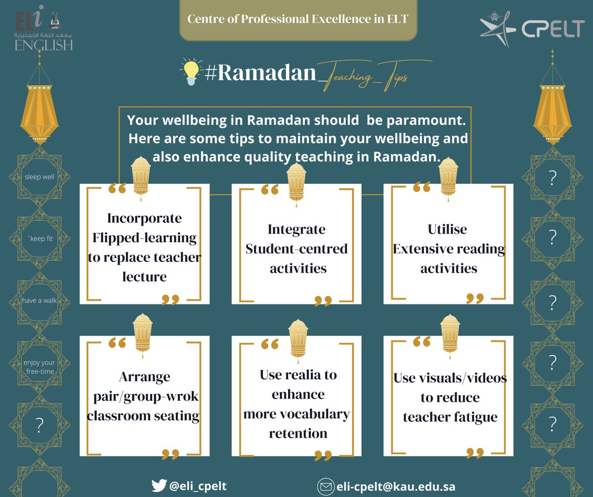 ELI_CPELT's tweet photo. Teaching in #Ramadan  might be a little bit more demanding.
 How can you reduce teaching workload to maintain your wellbeing and also enhance quality teaching?
#Ramadan_Teaching_Tips help you with this. 
Your voice matters!
Share your thoughts with any additional wellbeing tips https://t.co/jiSDNOEcY8