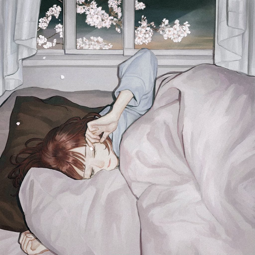 1girl brown hair solo pillow window curtains closed eyes  illustration images