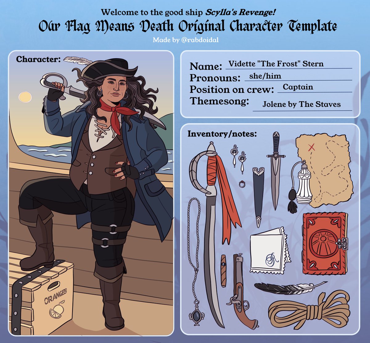 Rabdoidal's tweet photo. made an OFMD OC template! i know its basically just making a pirate OC, but i thought it’d be cute if we were all on one big crew together! please tag me if you do this!!! (link to google drive with blank png/psd templates in the replies!) #ofmd #OurFlagMeansDeath https://t.co/hdtfEXdWZE