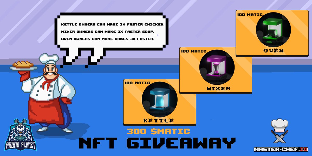PromoPlanet.io (@promoplanetio) on Twitter photo 🎁🎉 #NFTGiveaway 🥳🎁
<a href="/master_chefio/">Master Chef</a> x <a href="/promoplanetio/">PromoPlanet.io</a>
Giving away: 3x NFTs from Master-Chef.io! 🧑🍳
To enter:
1⃣・Follow <a href="/master_chefio/">Master Chef</a> & <a href="/promoplanetio/">PromoPlanet.io</a>
2⃣・Retweet/Like + Tag 2 Friends😄
⏰72 Hours
#NFT #MATIC #NFTgame #NFTGiveaways #PolygonNFT #Giveaways #maticnft 🎁🎉 #NFTGiveaway 🥳🎁
<a href="/master_chefio/">Master Chef</a> x <a href="/promoplanetio/">PromoPlanet.io</a>
Giving away: 3x NFTs from Master-Chef.io! 🧑🍳
To enter:
1⃣・Follow <a href="/master_chefio/">Master Chef</a> & <a href="/promoplanetio/">PromoPlanet.io</a>
2⃣・Retweet/Like + Tag 2 Friends😄
⏰72 Hours
#NFT #MATIC #NFTgame #NFTGiveaways #PolygonNFT #Giveaways #maticnft