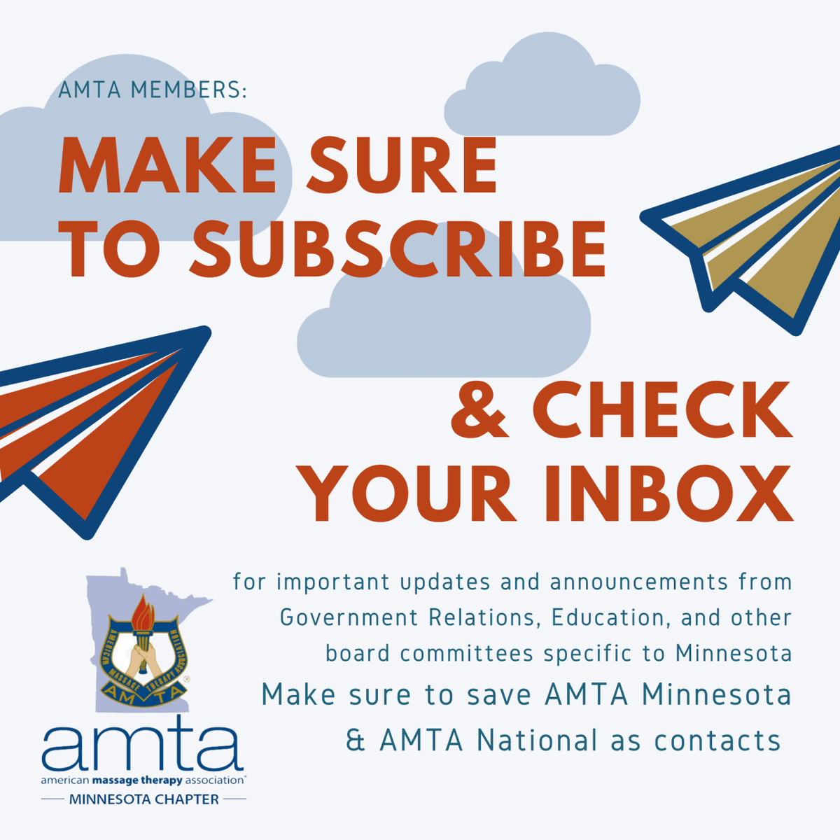 AMTAMinnesota's tweet photo. Be sure you're subscribed to the AMTA-MN email list for important updates from your chapter. Government relations, education, membership, and board meeting announcements specific to Minnesota are shared via our Newsletter. Contact us at https://t.co/OudgxbZxAB with questions https://t.co/N9j9yph6HD