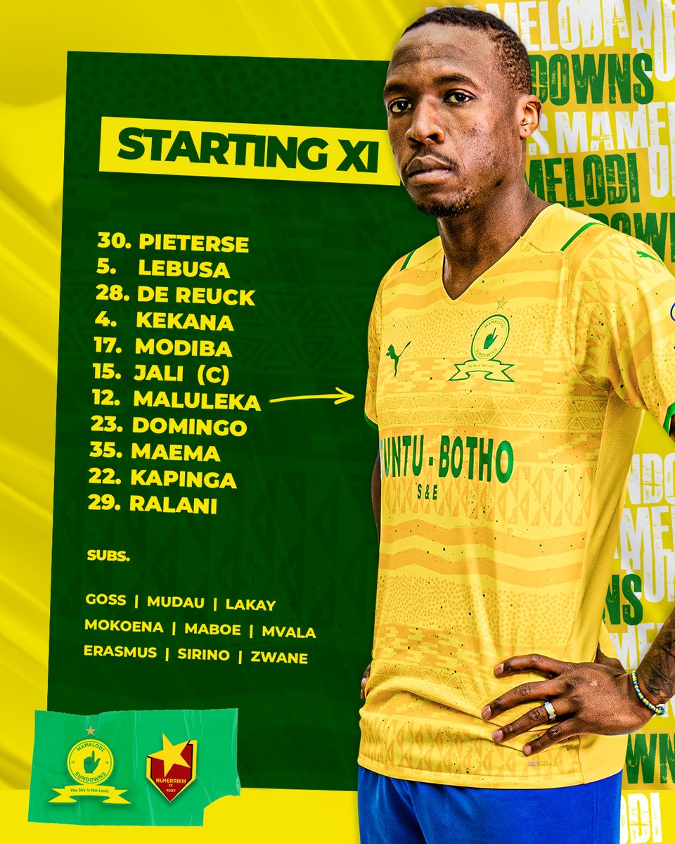 Masandawana's tweet photo. 🚨Starting XI🚨

⚽ Mamelodi Sundowns Vs Al Merrikh 
🏆 CAF Champions League 
🏟 FNB Stadium 

#Sundowns #TotalEnergiesCAFCL https://t.co/ao0lf7TFyU