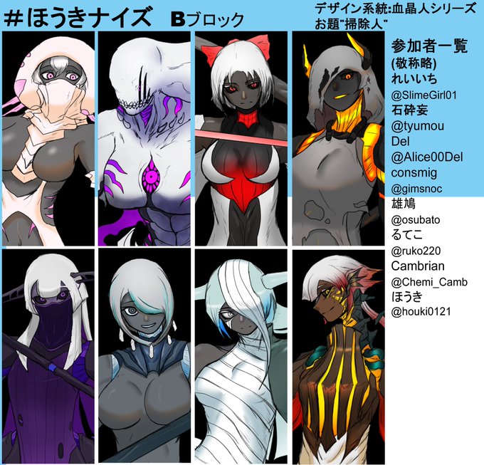 #ほうきナイズ
主催者なりきり誰のデザインだゲームを主催させていただきました!
自創作シリーズの血晶人シリーズ×掃除人というお題でデザインしてもらった8体の内、1人だけ私がデザインした子がいます。もしよければリプライにあるアンケートで当ててみてください...✍️🧹 