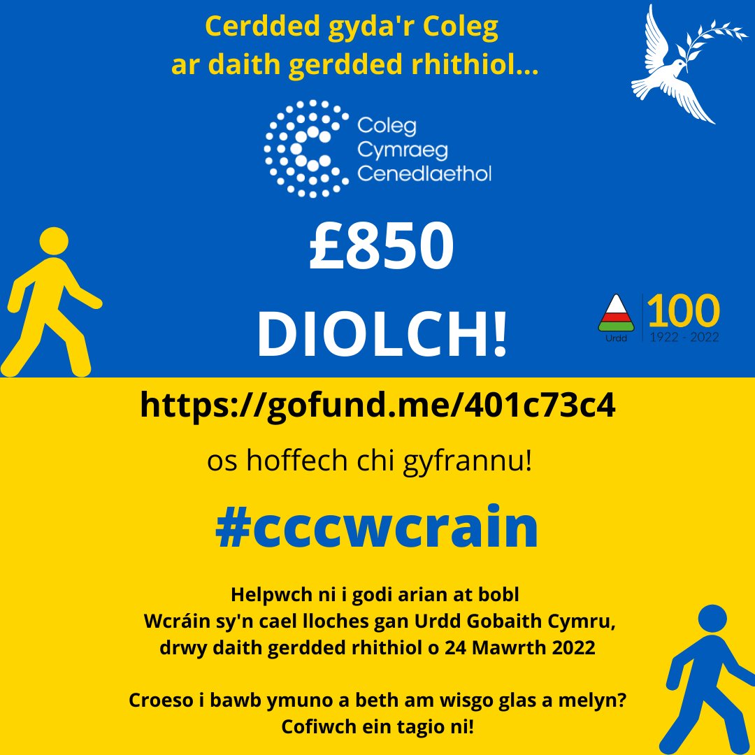 colegcymraeg's tweet photo. Bydd ein taith gerdded rhithiol i godi arian i ffoaduriaid o Wcrain fydd yn cael lloches gan yr #Urddgobaithcymru yn dod i ben NOS FORY-NOS SUL!! Cofiwch dagio ni yn eich milltiroedd ac os hoffech gyfrannu, dyma'r ddolegn https://t.co/AtCNJtsNRK

#cccwcrain https://t.co/dWOxqsgVD0