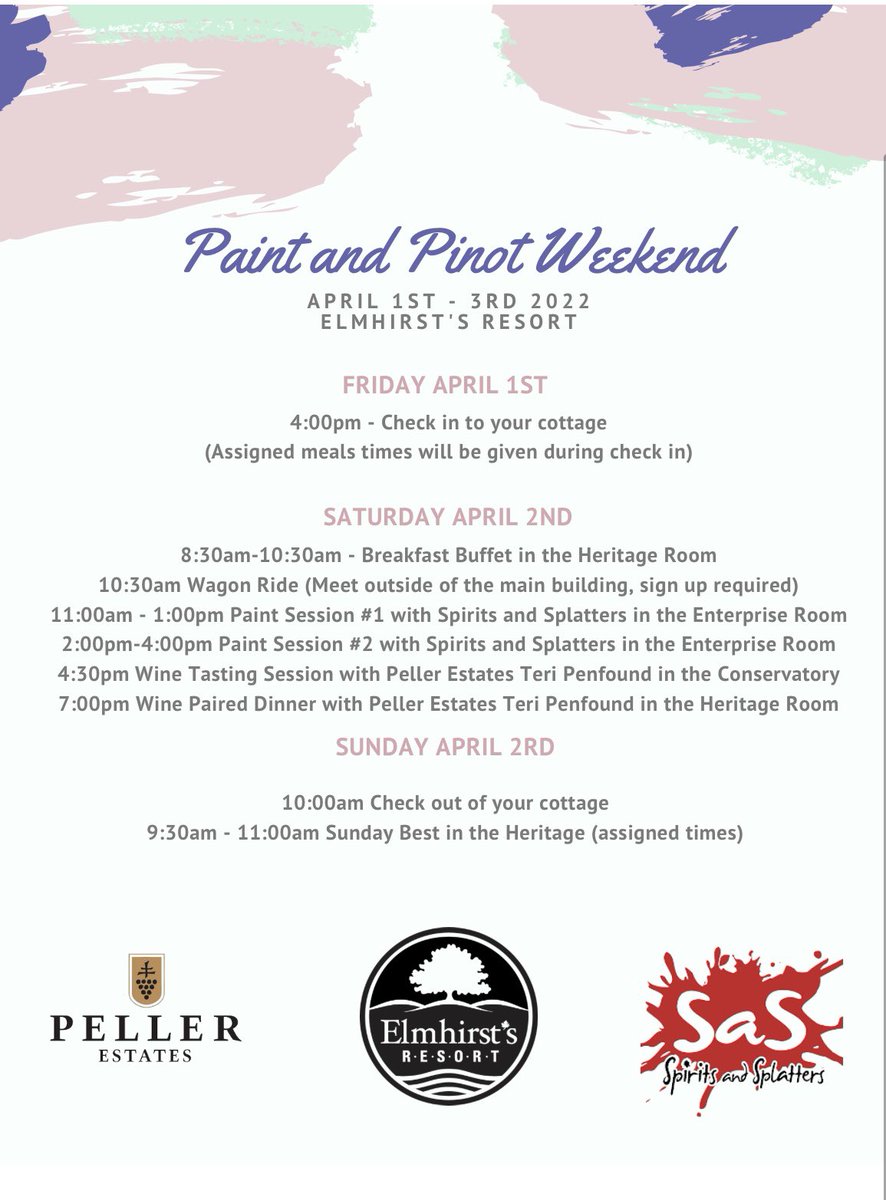 ElmhirstsResort's tweet image. Lots of creativity and fun in today’s forecast ☀️ Our #PaintandPinot weekend begins now!
Welcome Spirits and Splatters 🎨 and Peller Estates Winery &amp;amp; Restaurant 🍷
#ElmhirstPlay #goresorting #resortsofontario #Ontariotravel #thekawarthas