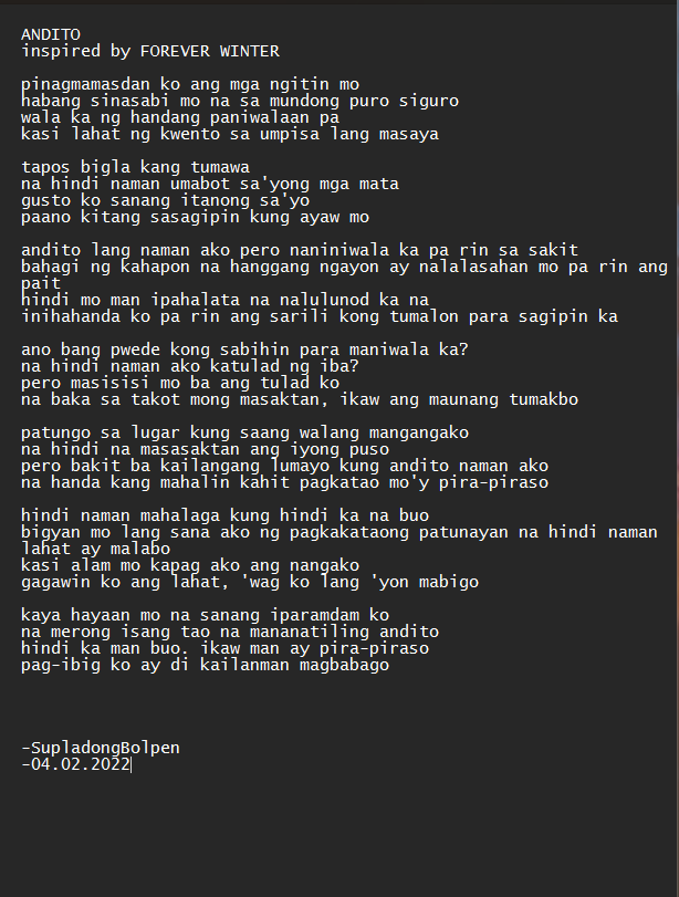 ANDITO
inspired by FOREVER WINTER ( Taylor Swift)
requested by <a href="/karehsah/">♎ℭ𝔞𝔯𝔯𝔢♎</a> 

#SupladongBolpen #RPS 
@Helquiin28 <a href="/humeyesu/">HuMe</a> <a href="/RPS_042716/">Raconteur Poet Soc.</a> @shaaamehn