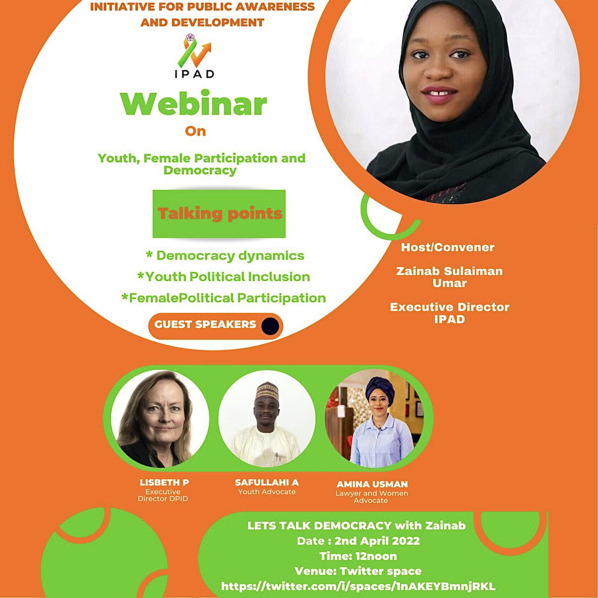Amna_alsharaf's tweet photo. I joined @zeechampion2019 and @L_pilegaard this afternoon to speak on Democracy in Nigeria. #WomenLeadership #Youthparticipation #Democracyinnigeria https://t.co/qtoYfI6Wp4