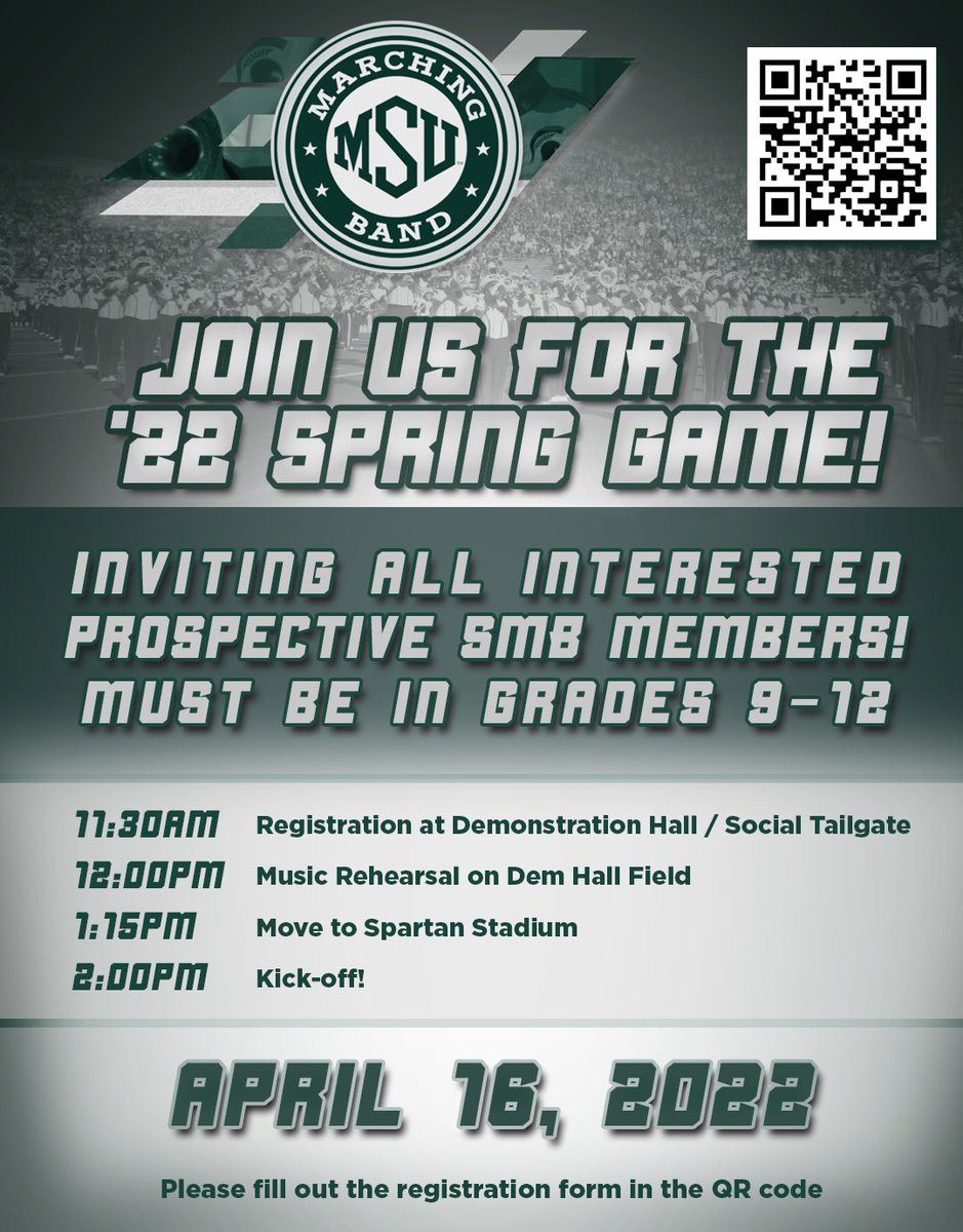 MSUMarchingBand's tweet photo. Are you interested in joining the SMB? Come perform with us at the @MSU_Football spring game, in Spartan Stadium, on April 16th.  This opportunity is open to all high-school and MSU students.  #GoGreen https://t.co/2PbCSUy975 https://t.co/syUrswwvCY