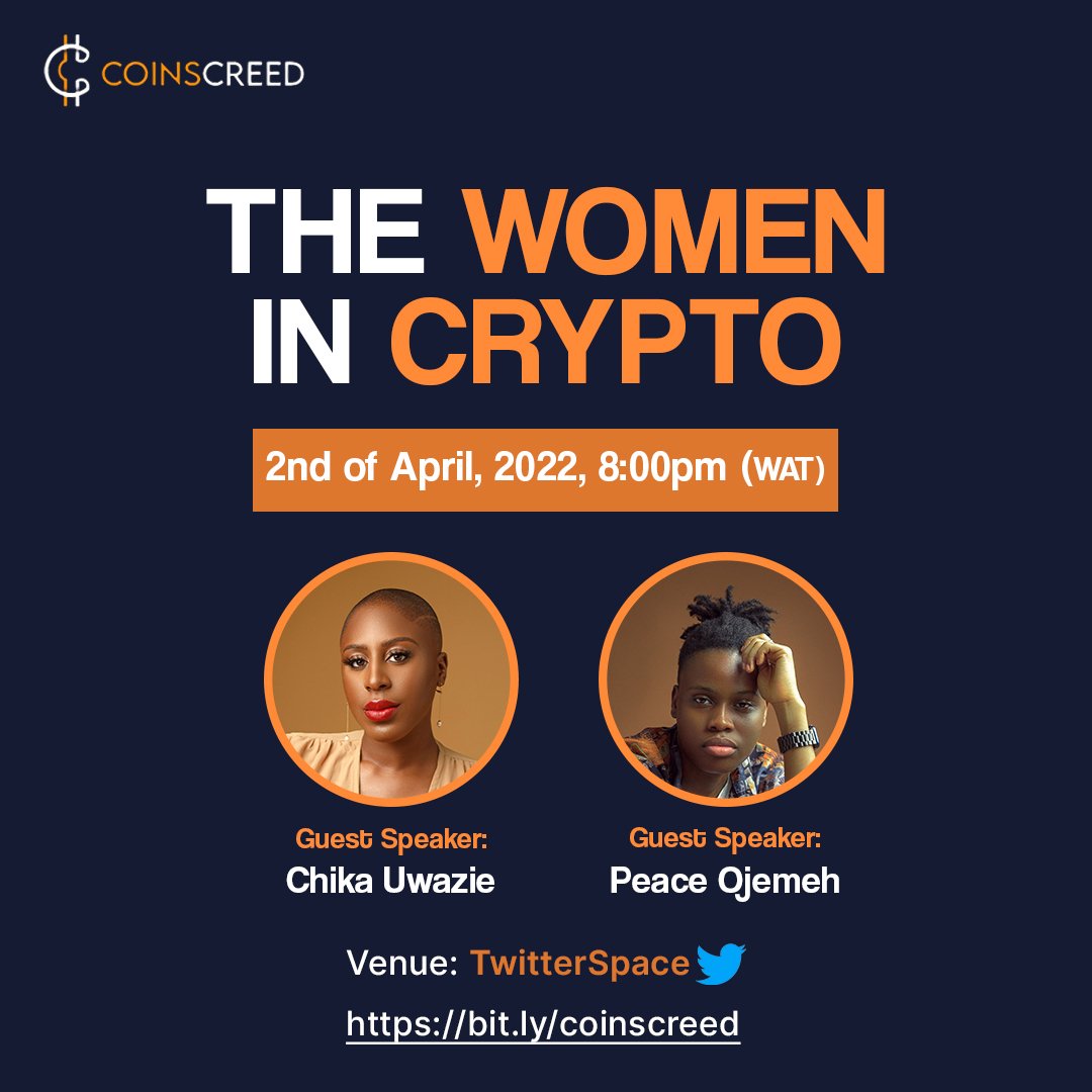 coinscreed's tweet image. Less than 6 hours to go before our crypto sessions with Chika Uwazie (@ChikaUwazie) and Peace Ojemeh (@Peace_Ojemeh)

Where will you be at 8pm (WAT)? 

Set a reminder at bit.ly/coinscreed 

#womenincryto #womeninweb3 #womeninnft #womeninbusiness #womenintech #womeninstem