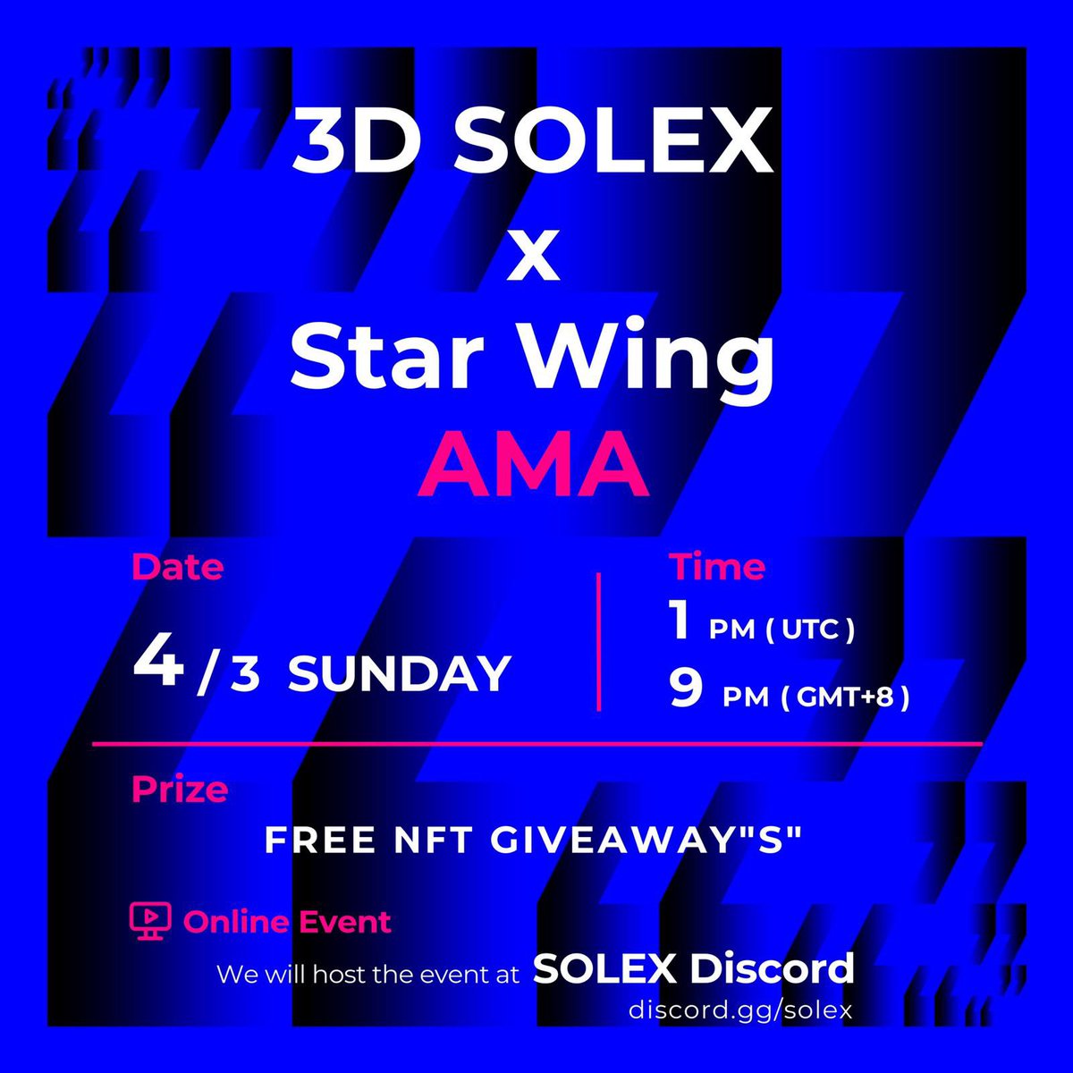 3D SOLEX AMA tomorrow 
Big announcement 
@ our discord server discord.gg/solex
#solex #nftcares #3D
