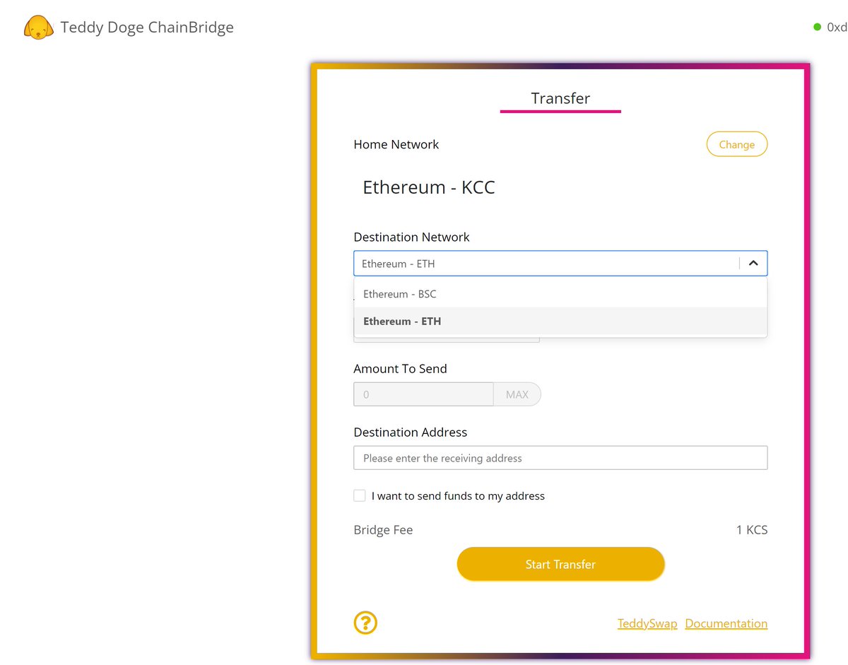 We have just completed the deployment of the KCC contract. Now three chain contracts of BSC, ETH &amp; KCC have the same address：0x10f6f2b97F3aB29583D9D38BaBF2994dF7220C21,Same time, the deployment of TeddySwap (KCC) and TeddyDoge ChainBridge (KCC) are completed. Avalanche next!