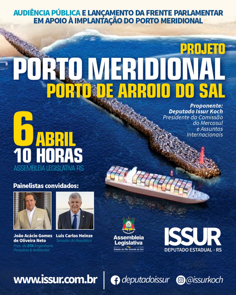 oissur's tweet photo. PORTO DE ARROIO DO SAL🚢: lançamento da nossa Frente Parlamentar e realização de audiência pública para tratar da obra no Litoral Norte. 👉  Saiba mais: https://t.co/WElYZLmjDc

O evento será híbrido. Transmissão de vídeo na página "Deputado Issur Koch" ou no do Youtube da ALRS https://t.co/d67bhzGdqt