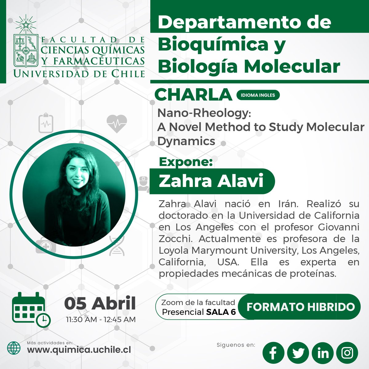 QuimicaUdeChile's tweet photo. #FCQF
#Facultad
#bioquímica
#biologíamolecular
#charla https://t.co/xpCDjC9wia