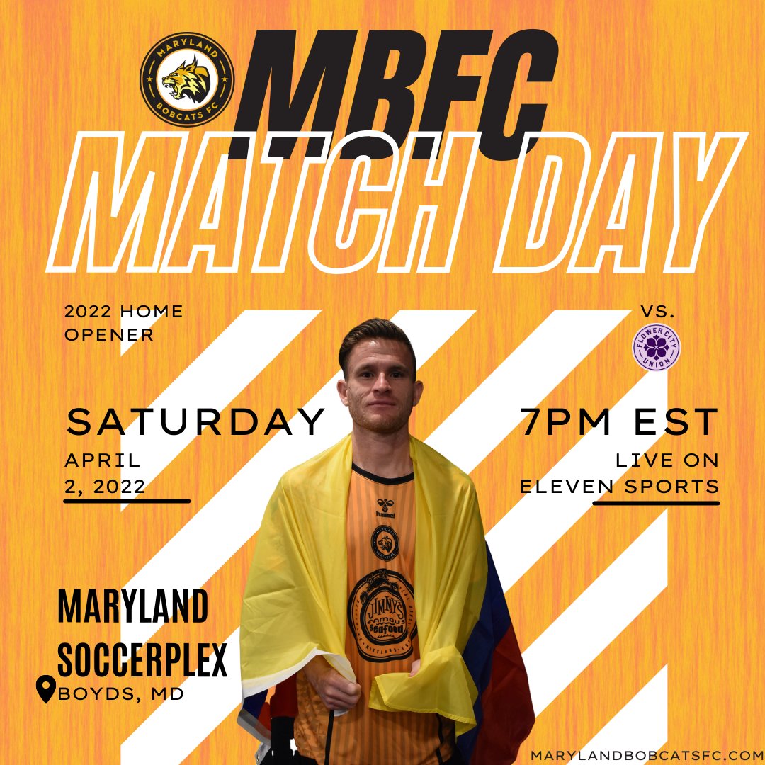 Smell that? Smells like HOME OPENER MATCHDAY 🏡 Pro soccer returns to MD tonight at 7pm!

⚽️ MBFC
🆚 <a href="/FlowerCityUnion/">Flower City Union🏆</a> 
📅 4.2.2022
🕤 7pm EST
🏆 <a href="/NISALeague/">NISA Official</a> Regular Season
📍 Maryland Soccerplex - Boyds, MD
🎟️ marylandbobcatsfc.seatlab.com/events/02-04-2…
📺 Eleven Sports

#ForAll
#MBFCFCU