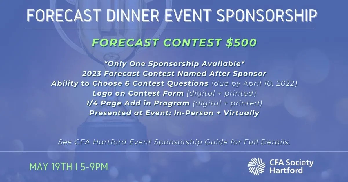hartfordcfa's tweet photo. CONTEST SPONSORSHIP: 2022 Annual CFA Forecast Dinner 
CT Convention Center / Hartford - Thu, May 19TH (5-9PM) 

Sponsorship Guide Details: https://t.co/Bc7Wp4jtbR
(scroll down mid-page) *Only One Sponsorship Available*

#CFAHartford #CFAForecastDinner #SponsorCFAHartford https://t.co/qhmGvDlCh5