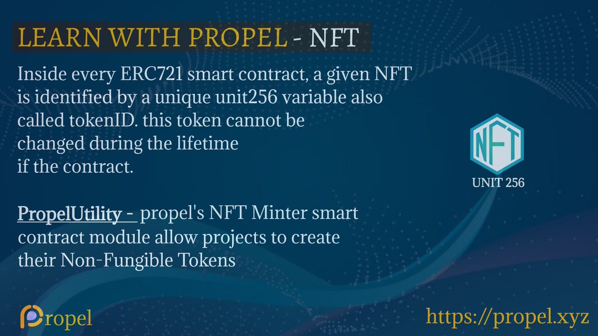 Call_me_Ezekiel's tweet photo. #PropelUtility - Propel's NFT Minter smart contract module allows projects to create their NFTs.
NFT is identified by a unique unit 256 variable also called #TokenID This ID cannot be changed during the lifetime of the contract.
#PropelXYZ #DeFi #PEL #NFTs #SmartContract https://t.co/AWctfoF9Wm