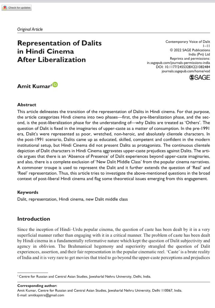 Delighted to share My long awaited Article Titled , Representation Of Dalits In Hindi Cinema After Liberalisation, Published In contemporary Voice of Dalit, Sage.
Link of the Article: journals.sagepub.com/doi/10.1177/24…