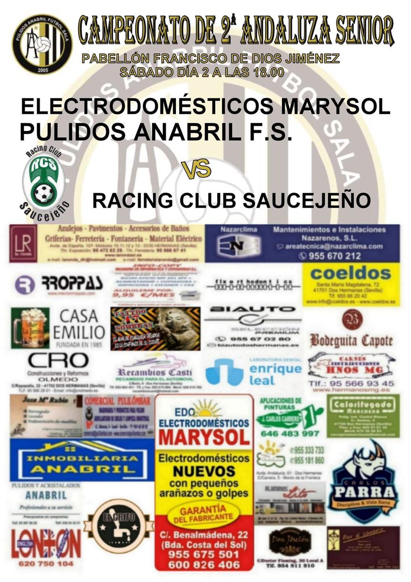 🗓️💥Hoy tienes una cita con el futsal.

A las 18:00 h. en el Pabellón Francisco de Dios Jiménez nuestro equipo se enfrenta a Racing Club Saucejeño.

¡Te esperamos!

1,2,3 PULIDOSSSS

🟠⚫