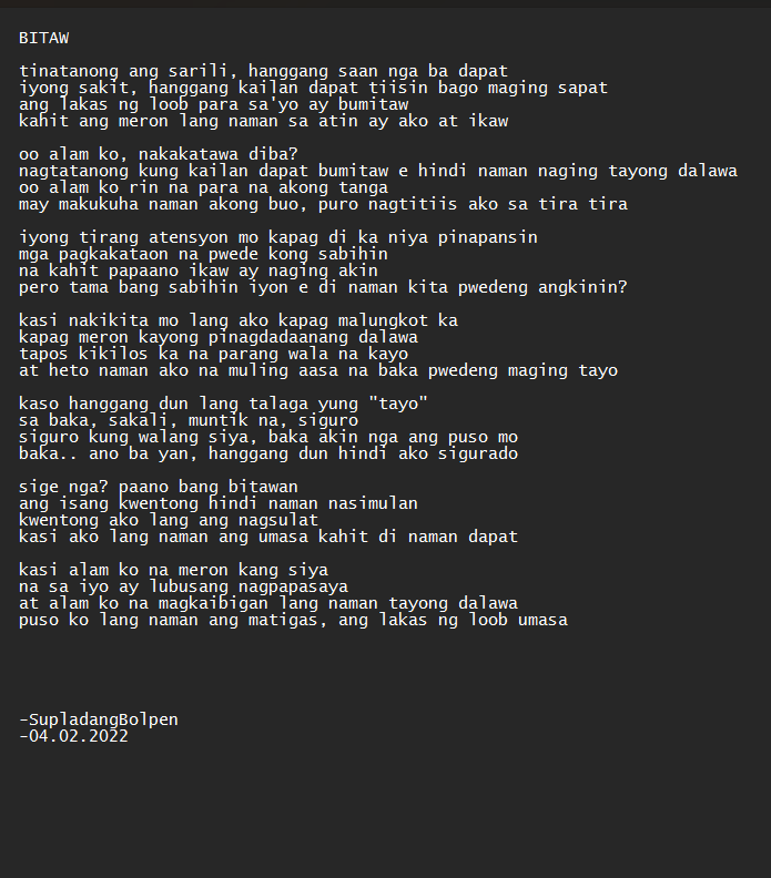 BITAW
prompt from @lenm_ms 

#SupladongBolpen #RPS 
<a href="/humeyesu/">HuMe</a> @Helquiin28 @shaaamehn <a href="/RPS_042716/">Raconteur Poet Soc.</a>