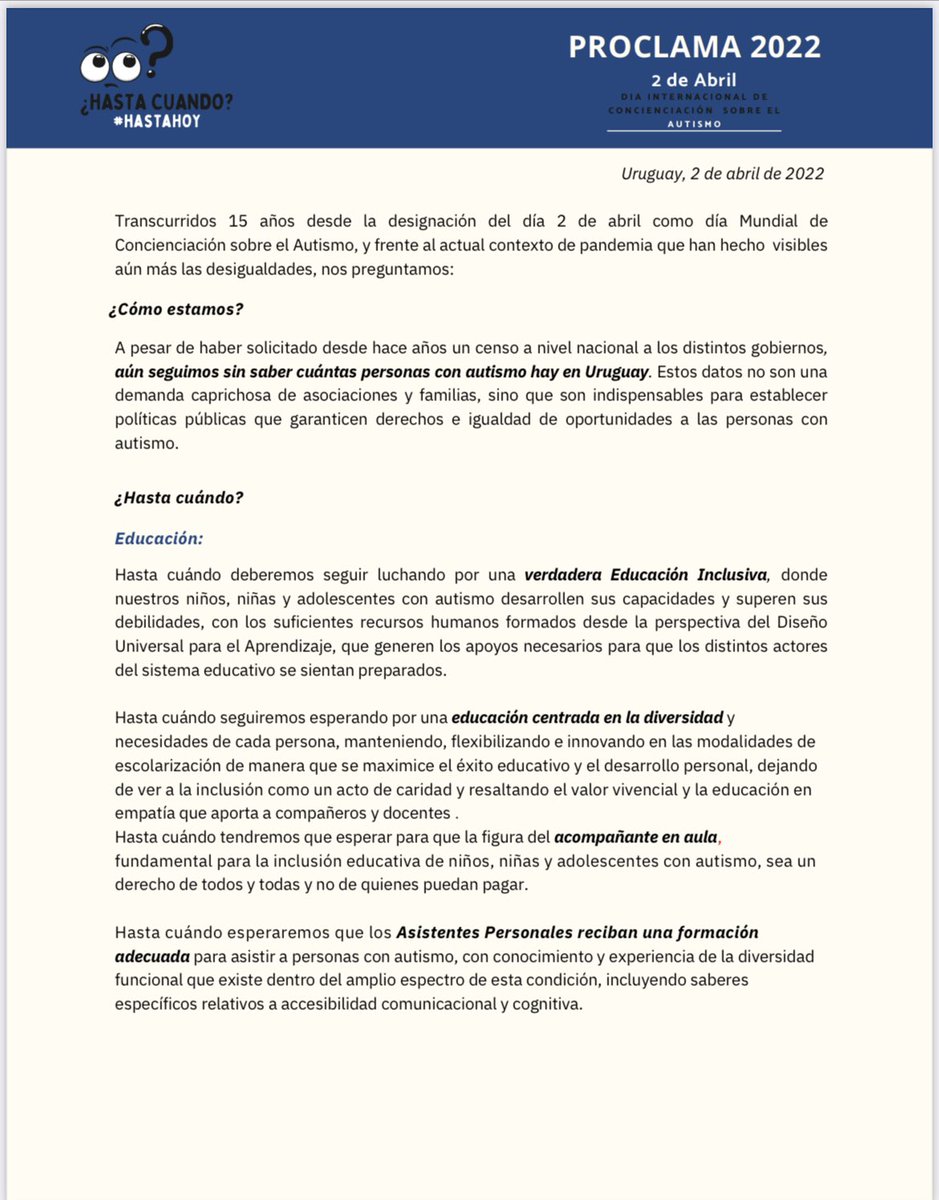juanceretta's tweet photo. Hace 15 años se designó al 2/4 como día mundial de concientización sobre el autismo. En nuestro país la “inclusión” se ha transformado en un slogan vacío.
Otro años lectivo que se inició sin asistentes. 
La pregunta es ¿hasta cuando? 
Hasta ahora! ✊💙 https://t.co/Od5UjK883e