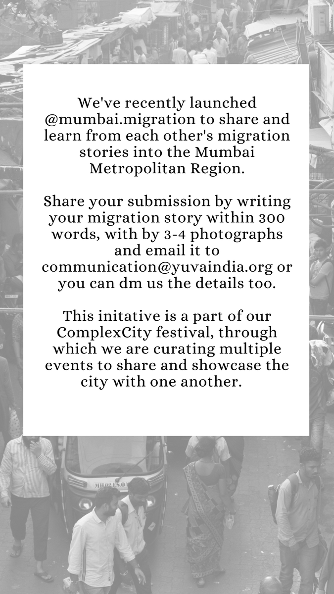 OfficialYUVA's tweet photo. We're excited to introduce you to https://t.co/tZ2WJ2we8j where we will be sharing stories of migration to the Mumbai Metropolitan Region, and learn from each other's journeys and narratives.
Head over to our page, and share your story with us too! 
#migration #ComplexCity https://t.co/mXhiwHRqaC