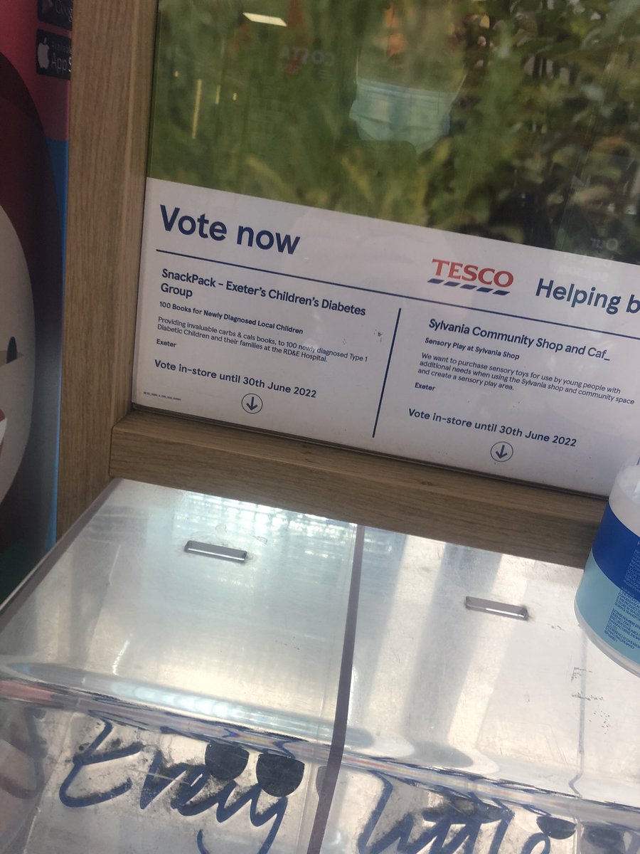 ClaireP1984's tweet photo. Please vote for Exeter SnackPack at any Tesco Exeter store, so that we can continue funding the invaluable @CarbsAndCals books to newly diagnosed #T1D children at the @RoyalDevonNHS Hospital via our incredible Paediatric Diabetes Team 💙 Thank you @Tesco for the opportunity! https://t.co/Pc9H2XwxoU