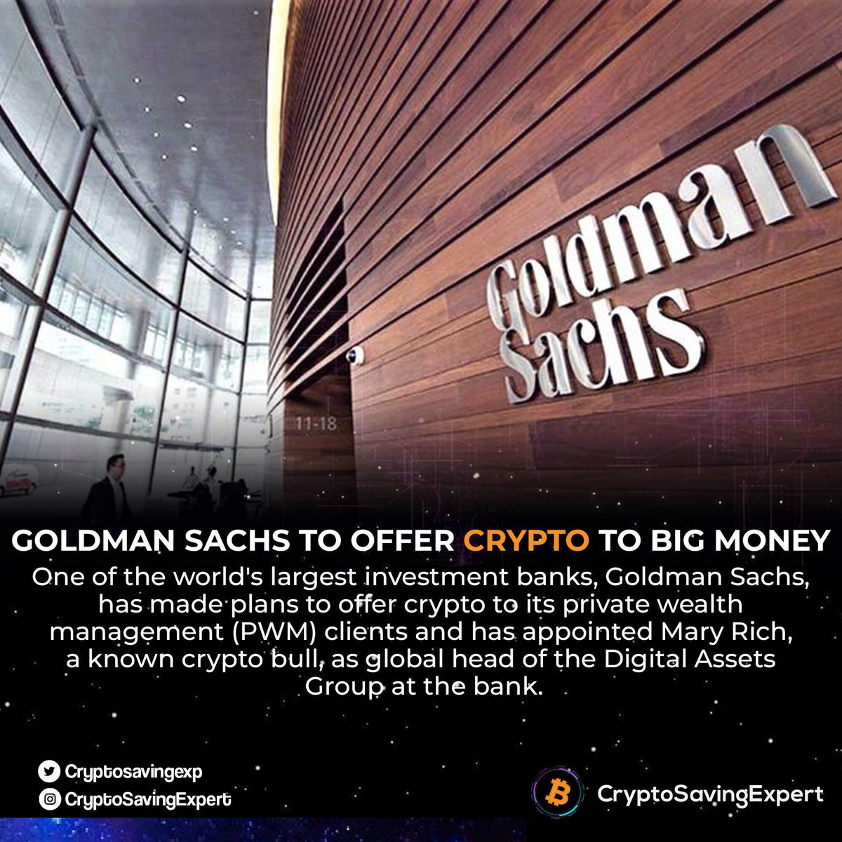 CryptoSavingExp's tweet photo. GOLDMAN SACHS ABOUT TO OFFER #BITCOIN TO WEALTHY INVESTORS! 🐂🚀 https://t.co/ltGN6oxaNZ
