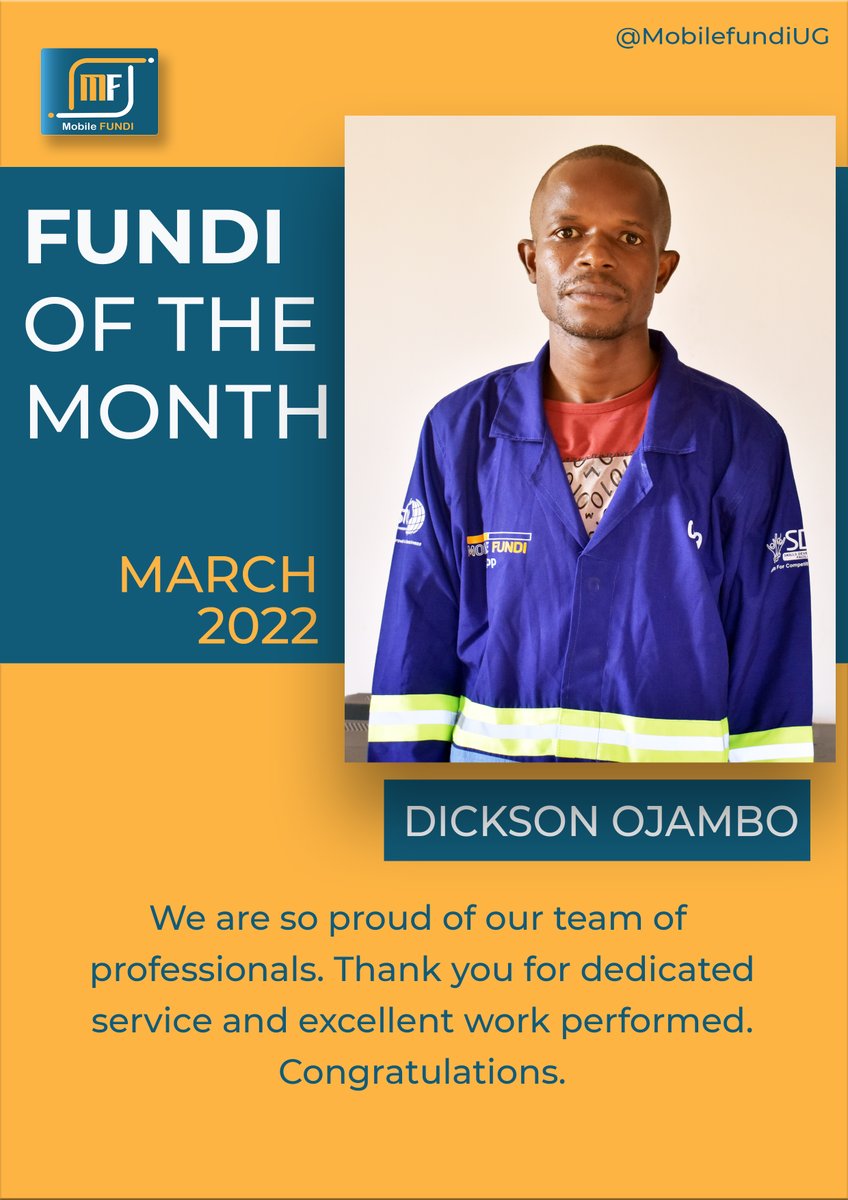 MobilefundiUG's tweet photo. MOBILE FUNDI. extends its gratitude to DICKSON OJAMBO, the way you handle each job assigned to you shows resilience, experience, knowledge and critical thinking. You continue to exceed every expectation that we set. Thank you for your great job.
#MobileFundi, #techinicalservice https://t.co/phvcgSJ0cR