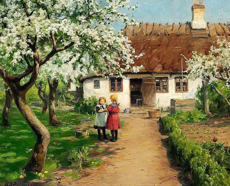 Two little girls in the garden with a kitten under a tree in bloom. Oil painting by Danish artist Hans Andersen Brendekilde (1857-1942)