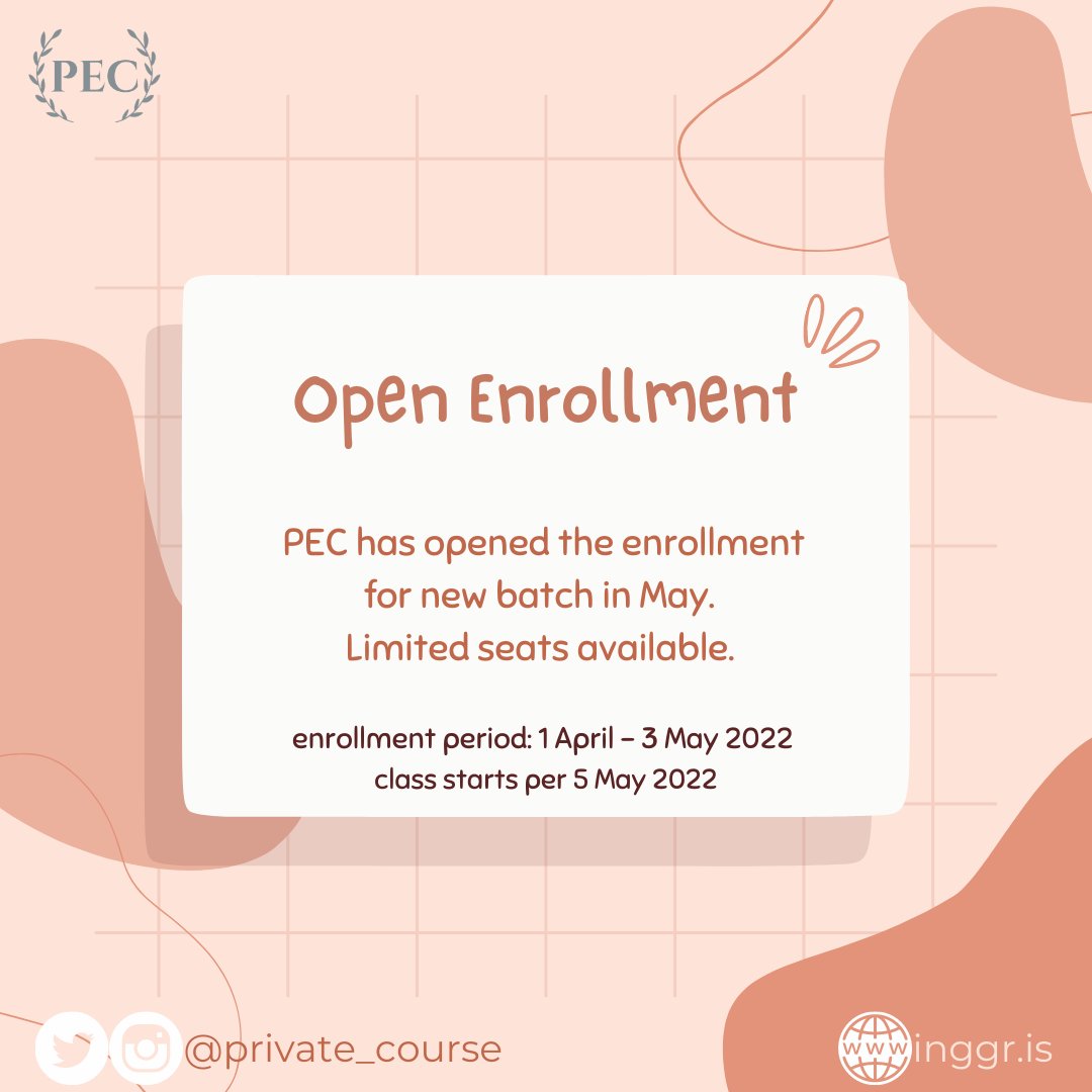 private_course's tweet image. ‼PENDAFTARAN MURID BARU UNTUK BATCH MEI 2022 TELAH DIBUKA‼

Untuk kamu yang udah capek banget belajar Bahasa Inggris tapi nggak ada perkembangan, kamu harus banget cobain les Bahasa Inggris di PEC. Dijamin nggak bakal nyesel!
