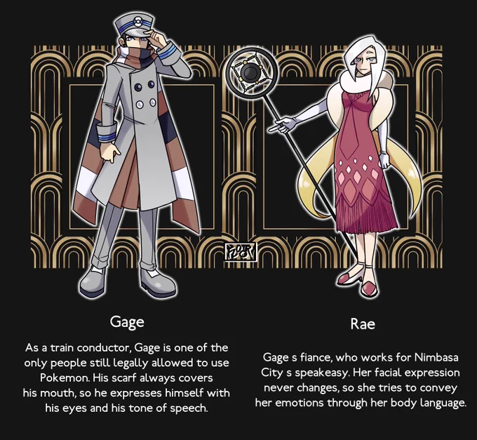 [#submas / #PokemonLEGENDS] Gage and Rae, hypothetical ancestors of the train men in a Prohibition Era Legends Unova.
Gage is named after the rail gauge, the distance between two rails. Rae is named after Ipomoea pes-caprae, the railroad vine. 