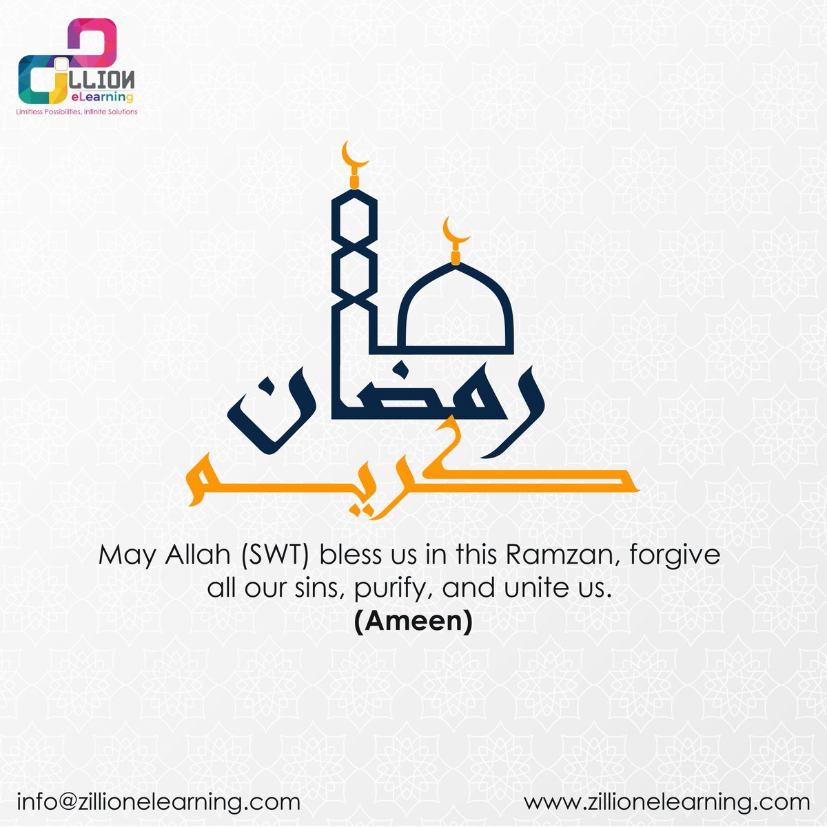 ZilionELearning's tweet photo. May Allah (SWT) bless us in this Ramzan, forgive our sins, purify and unite us.
Zillion eLearning wishes you all a blessed and prosperous Ramzan!
#Zillion #elearning #Zillionelearning #ramzan #ramzan2022 #blessings #forgiveness #purify #prosperous #wishes https://t.co/EV1ipT2xX2