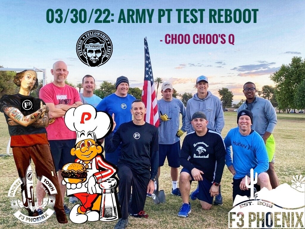 F3PhoenixAZ's tweet photo. 11 showed up ITG for Choo Choo's Army PT Test BD. We welcomed Quatro from @f3plainfield. Merkins, Big Boys, and 2 mi run for the win. @F3Naperville #RocketTown @f3nation #DoingWork https://t.co/EE4uuM2avy