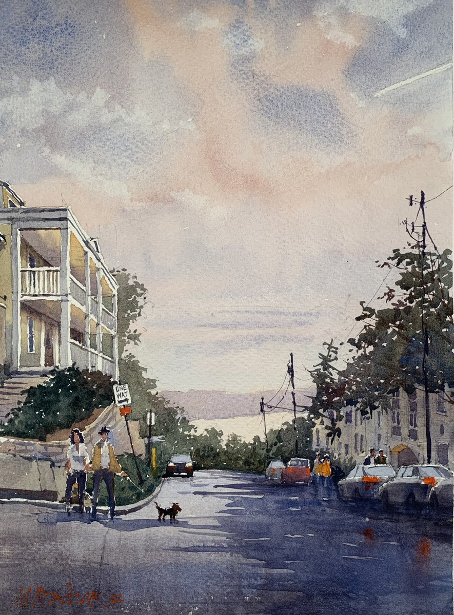 Hill Street Morning - Mt. Adams. 11x15 #watercolor. Morning breaking over the Ohio River. 

#danielsmithwatercolors
#rosemarybrushes
#saunderswaterford rough paper