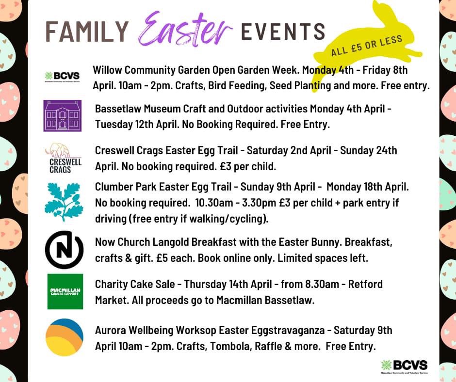 bassetlawcvs's tweet photo. Here's our round up of some of the best #Easter #Holiday charity and community events in #Bassetlaw.

Every event on this list is £5 or less for entry, and some of them are FREE. Optional additional costs may apply.

#easter #EasterHolidays #bassetlaw #worksop #retford #langold https://t.co/vdLjfTBILa