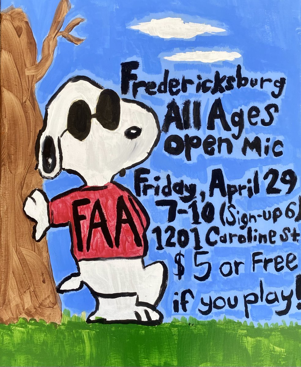 It's been a minute! FAA returns Friday, April 29 with an open mic at the Fredericksburg Branch theater.  

Sign-up begins at 6, music starts at 7. $5 or free if you play!

Bring your own instrument. We'll have a drum kit so that bands can easily switch out. See you there!