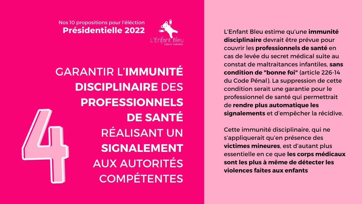👇 <a href="/AssoEnfantBleu/">L'Enfant Bleu</a> vous dévoile sa quatrième proposition pour améliorer le système de la protection de l'enfance !

<a href="/IDebre/">Isabelle Debré</a> <a href="/AdrienTaquet/">Adrien Taquet</a> 

#enfantbleu #protectiondelenfance #presidentielles2022
