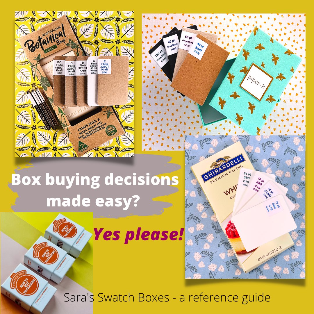 how2bypackaging's tweet photo. Hello friends in #packaging - I’ve been hard at work compiling an awesome reference guide for packaging buyers. In each swatch box there are several popular box making materials, compiled into 3 small box set. Additional photos here https://t.co/5FcqYze4RH https://t.co/2y5lnOZ3u4