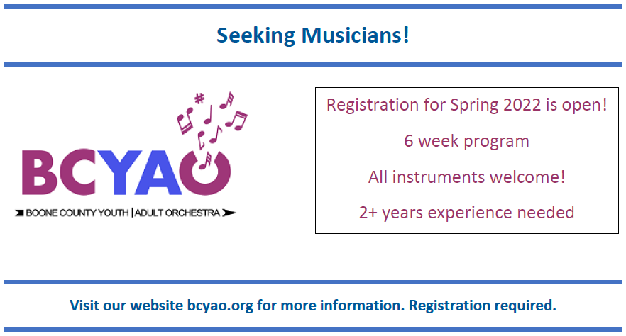 BooneCtyBand's tweet photo. The BCYAO needs you!  It's 100% free thanks to donations.  They are in the biggest need of percussionists, low instruments, and strings, so register now and invite a friend. https://t.co/pV9UBhso4J