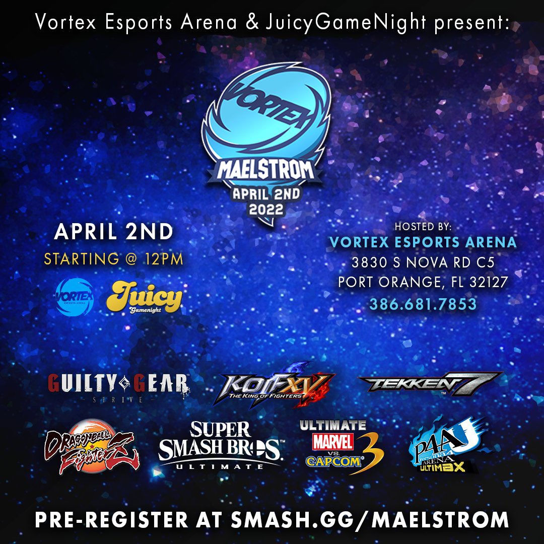 JuicyGameNight's tweet photo. We are now live at @Vortex_EA #Maelstrom!

Stream Schedule:

📺 https://t.co/q0f45cJBPa
1:00pm #UMVC3
2:30pm #P4AU
4:00pm #SSBU Pools
5:00pm #DBFZ Top 4
6:30pm #KOFXV Top 4
8:00pm #GGST Top 6
9:30pm #TEKKEN7 Top 6

Brackets: https://t.co/zdyLOSOgOo https://t.co/Yx8RF9NeZA